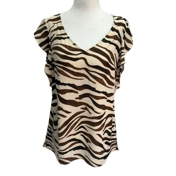 CAbi Brown Zebra Print Ruffle Sleeve Top 3771 Size S - Picture 2 of 12